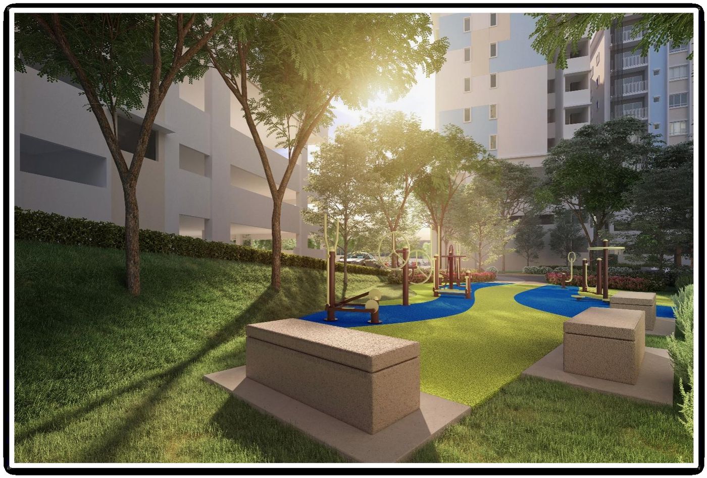 Outdoor fitness stations and landscaped gardens at Bayu Temiang Residensi