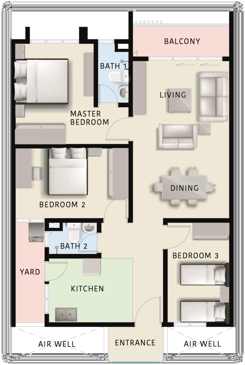 Type A floor plan — 900 sq ft, 3 bedrooms 2 bathrooms with balcony, yard and dry kitchen