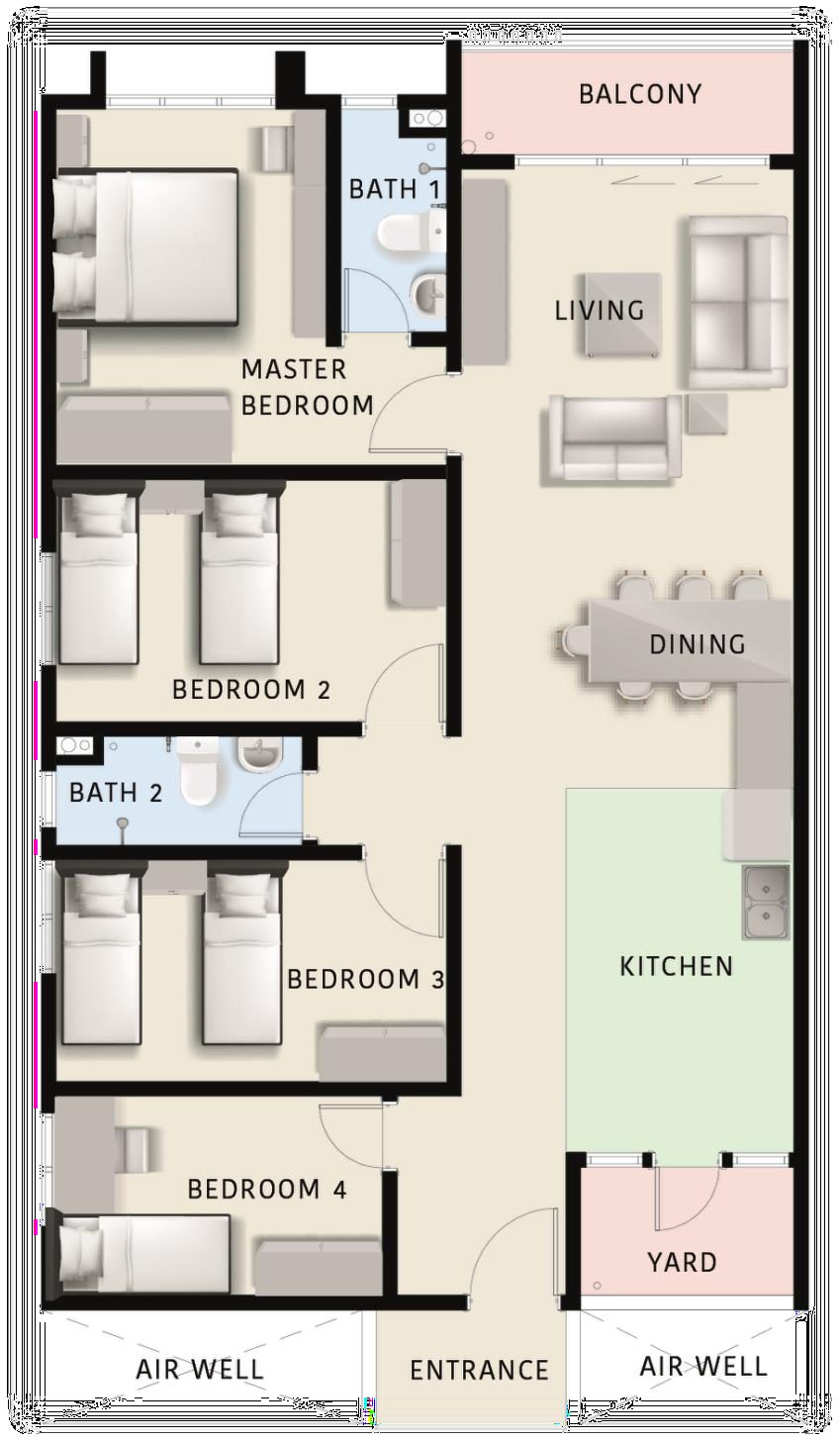 Type B1 floor plan — 1,100 sq ft, 4 bedrooms 2 bathrooms corner unit