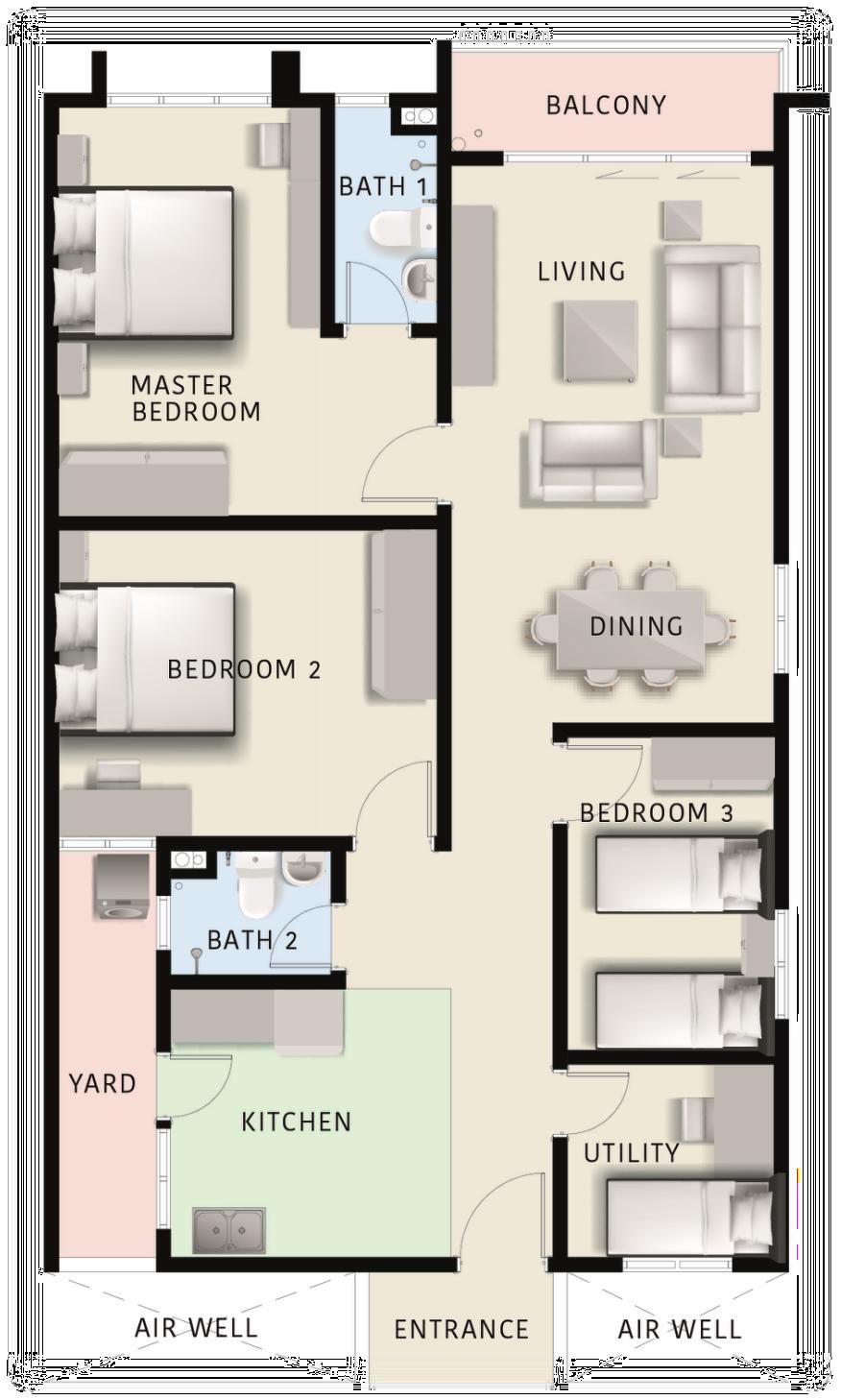 Type B2 floor plan — 1,100 sq ft, 4 bedrooms including utility room, 2 bathrooms