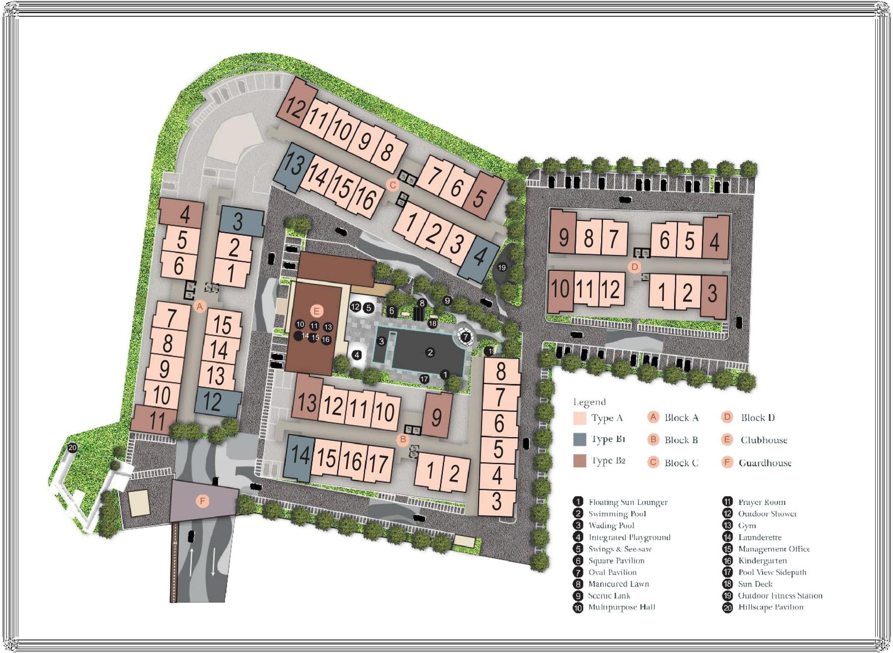 Bayu Temiang Residensi site plan — Blocks A, B, C, D with clubhouse, swimming pool and 20 landscape facilities
